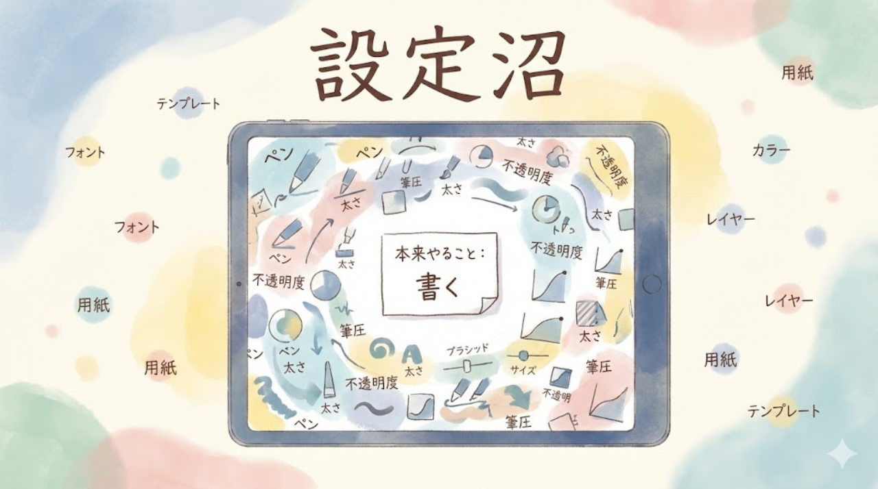 ペン設定やテンプレートに時間を使いすぎる様子のイメージ