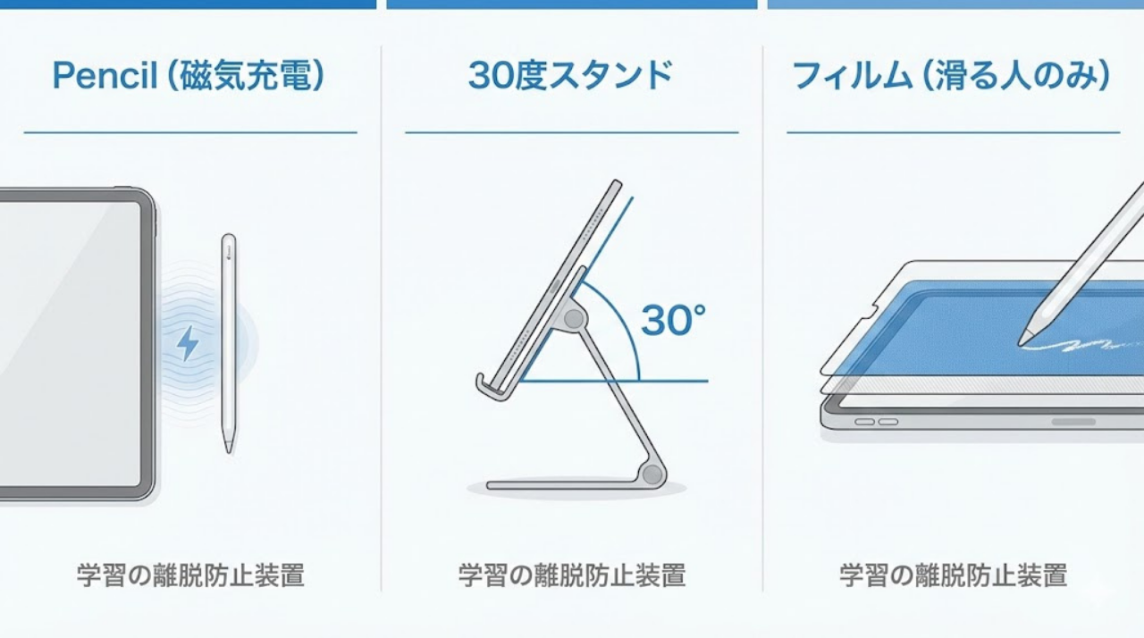 iPad学習の必須周辺機器3点セットの図解