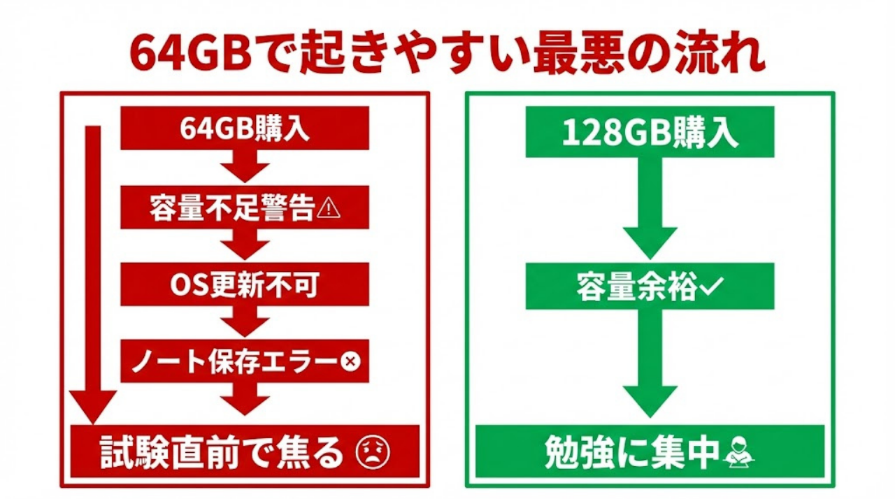 64GBモデルで起きやすい容量不足トラブルを示した警告インフォグラフィック