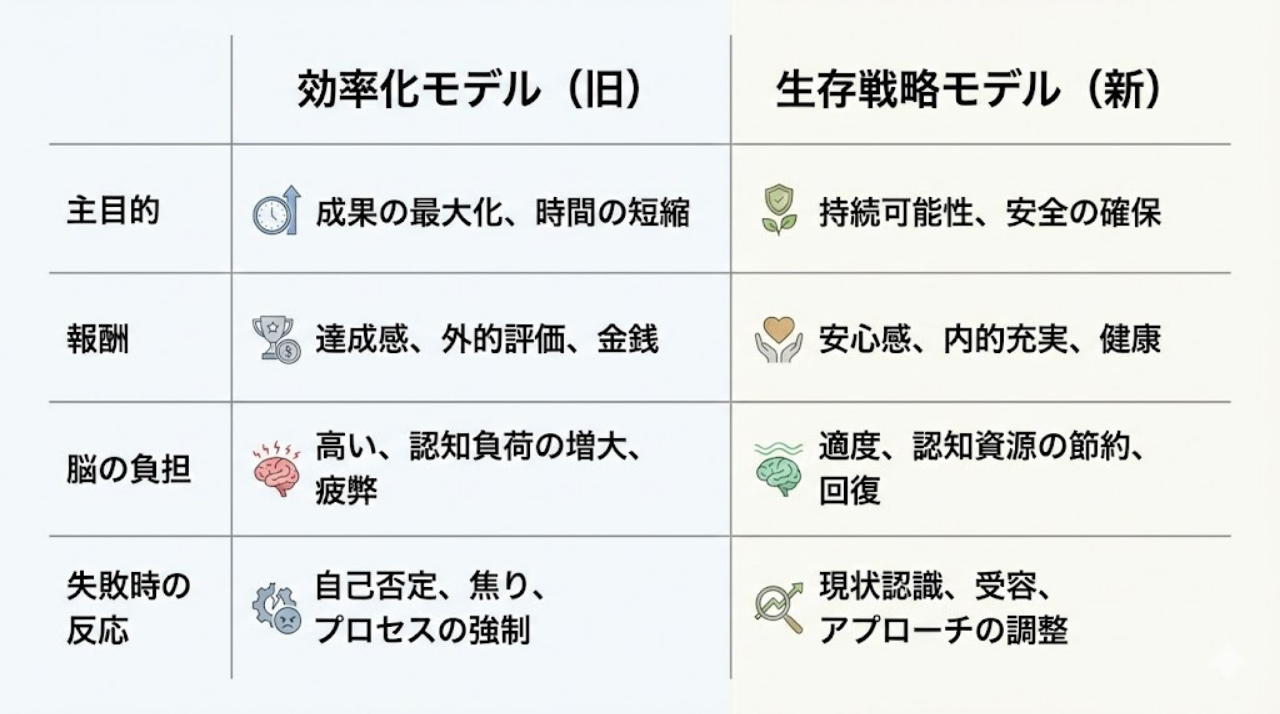 効率化モデルと生存戦略モデルを比較した日本語インフォグラフィック