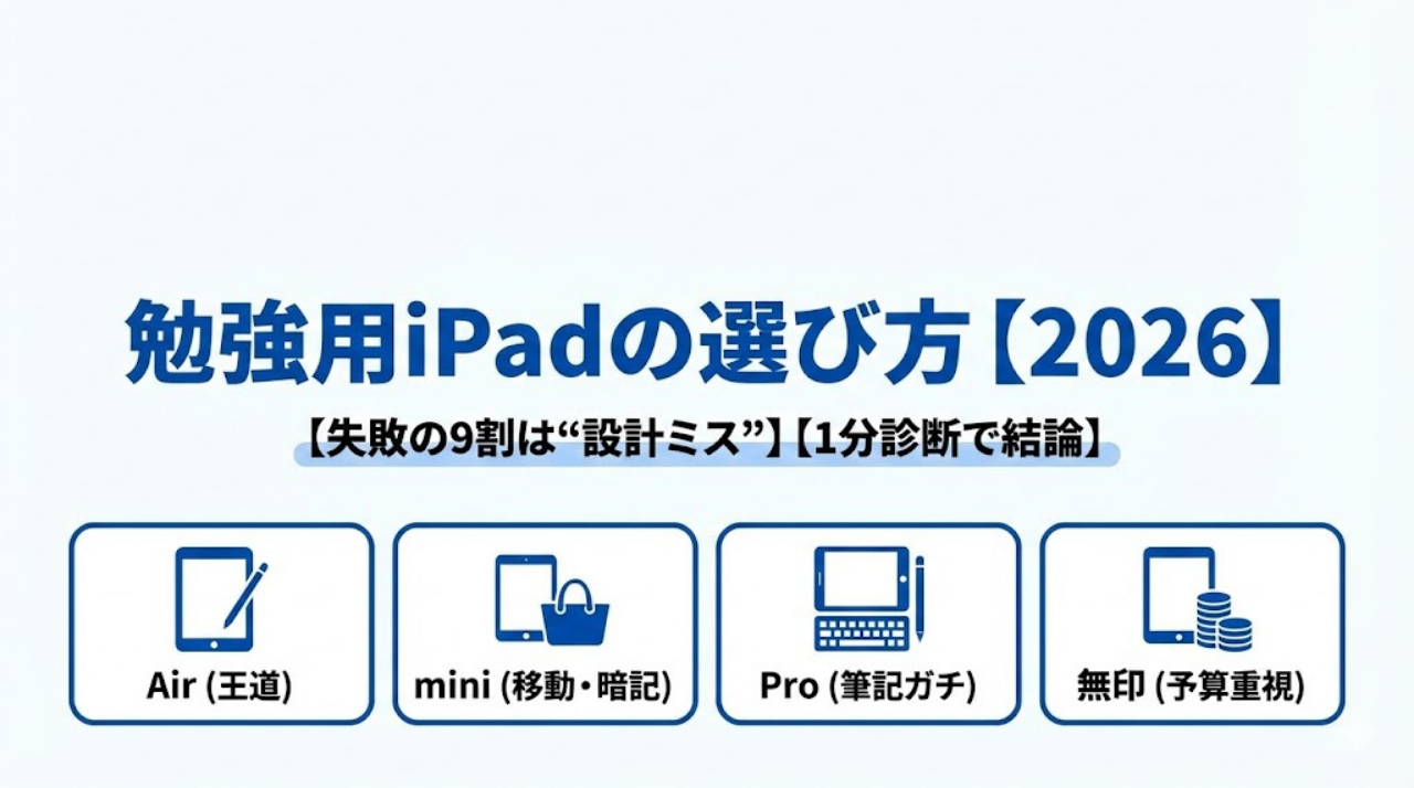 【2026】勉強用iPadの選び方のアイキャッチ｜設計ミスを防ぐ1分診断でAir・mini・Pro・無印の結論