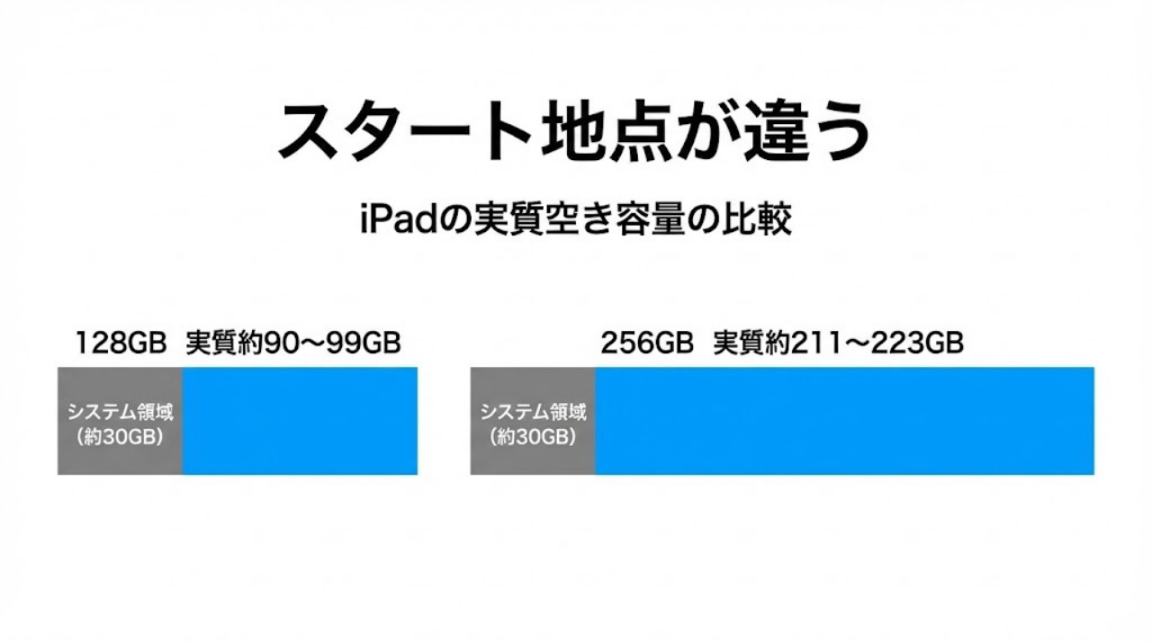 iPad 128GBと256GBの空き容量スタート地点の違い