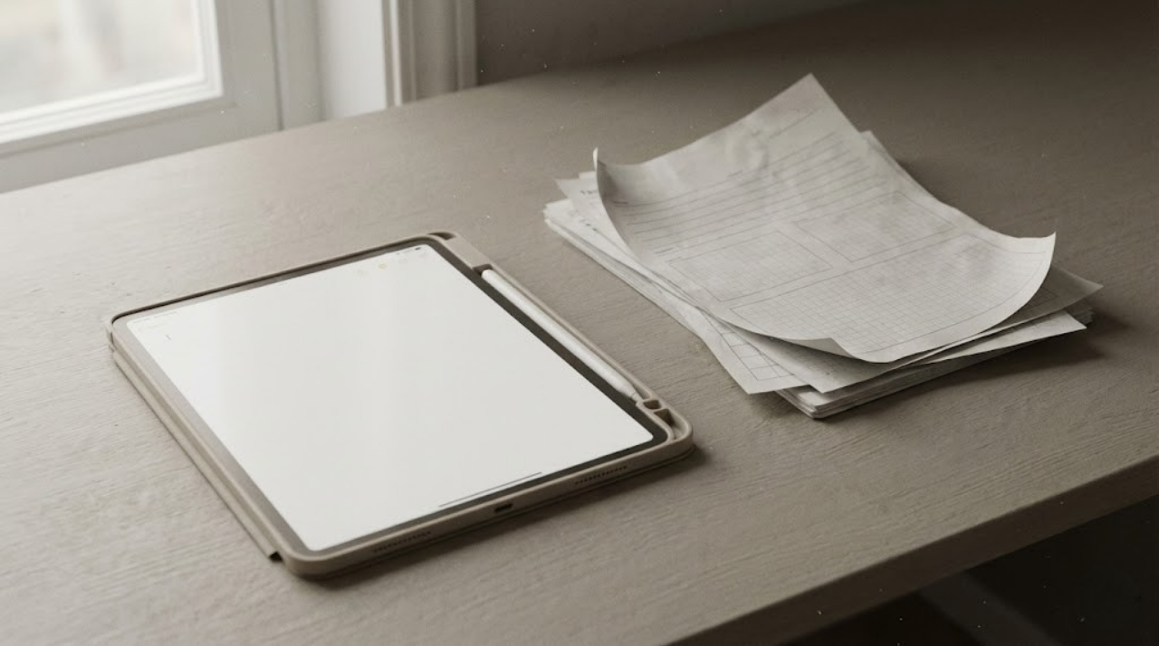 GoodNotesが続かず白紙のページを前に悩む人のイメージ