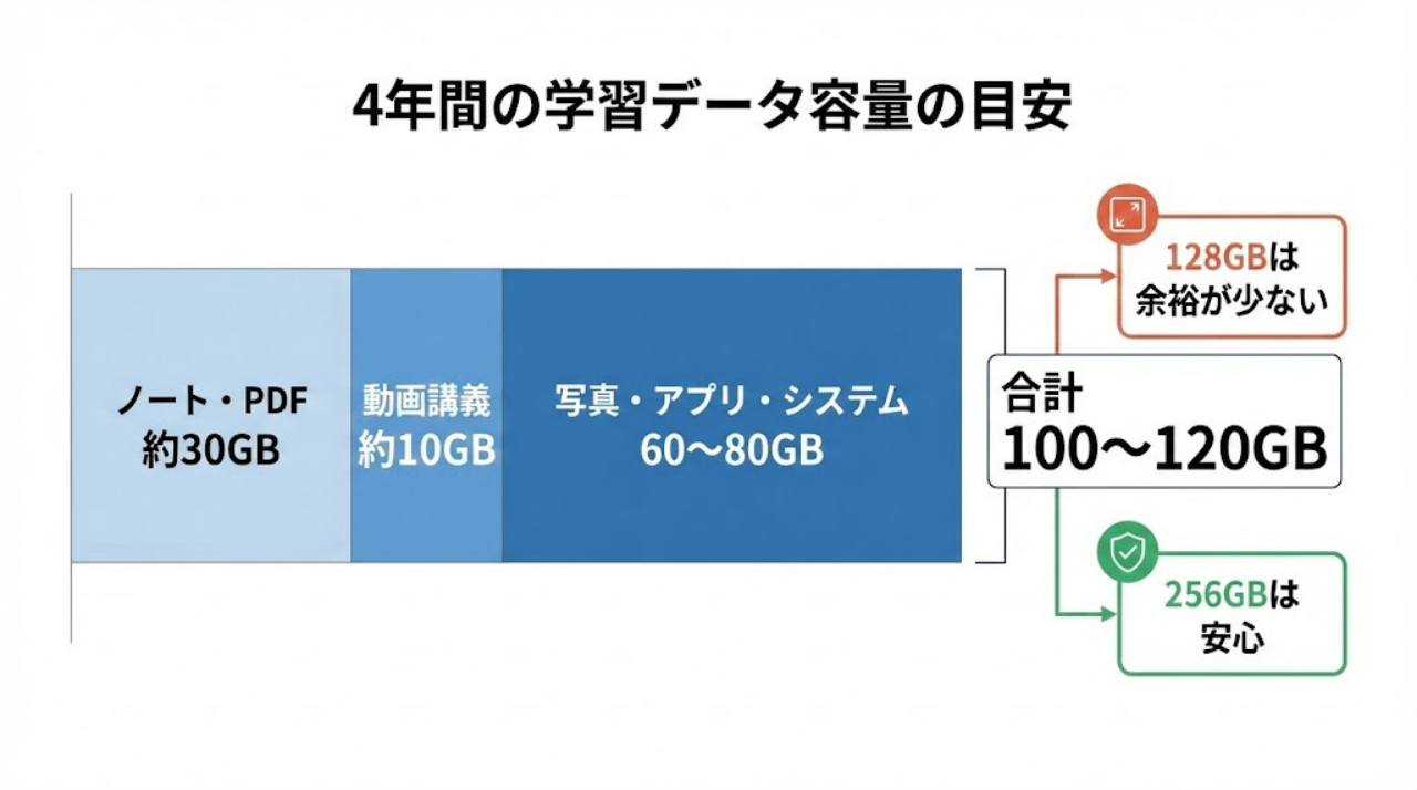 4年間で100〜120GB使用する学習データ容量の内訳グラフ