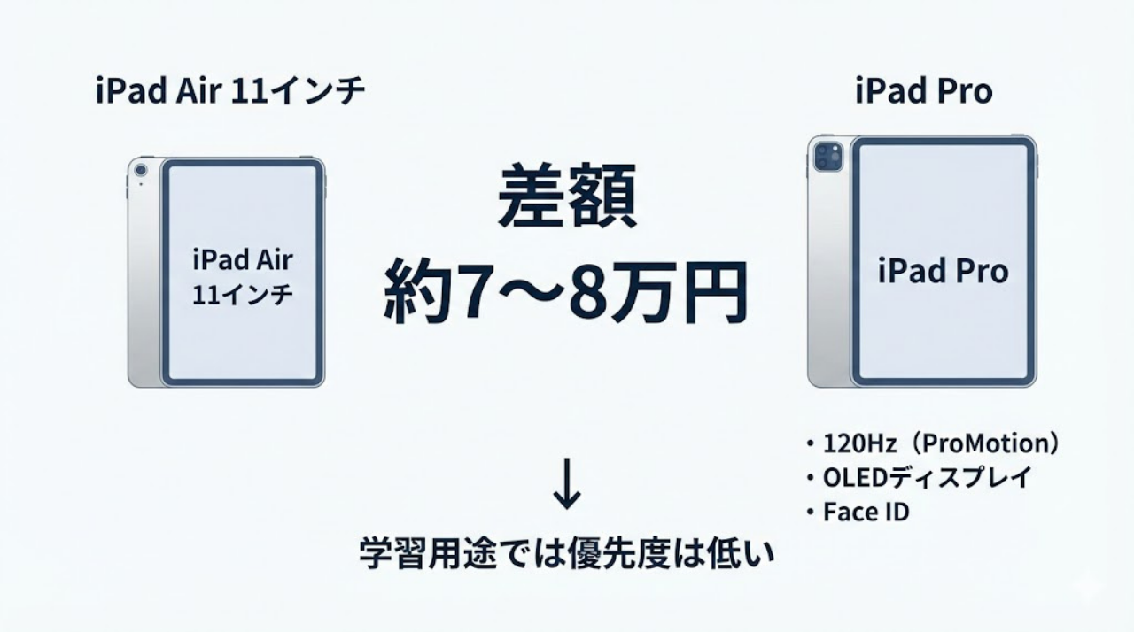 iPad AirとiPad Proの価格差7〜8万円の内訳を示した比較図