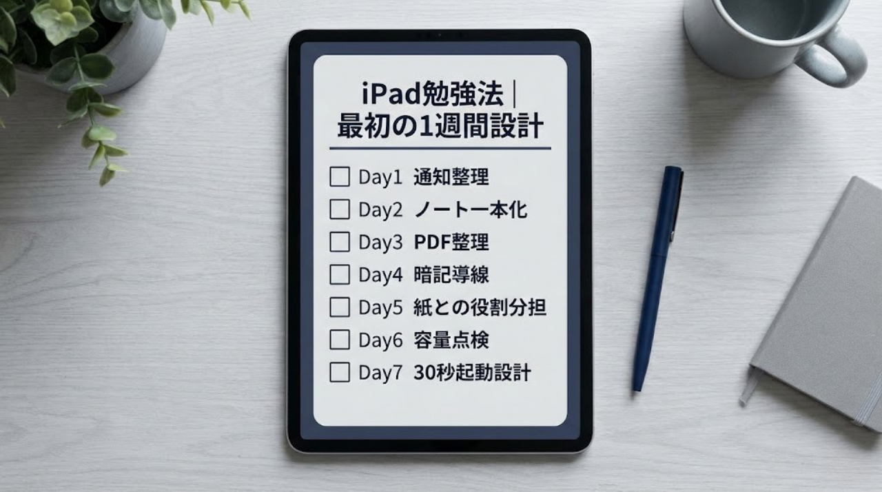 iPad勉強法の最初の1週間設計を示した7日間ロードマップのイメージ図