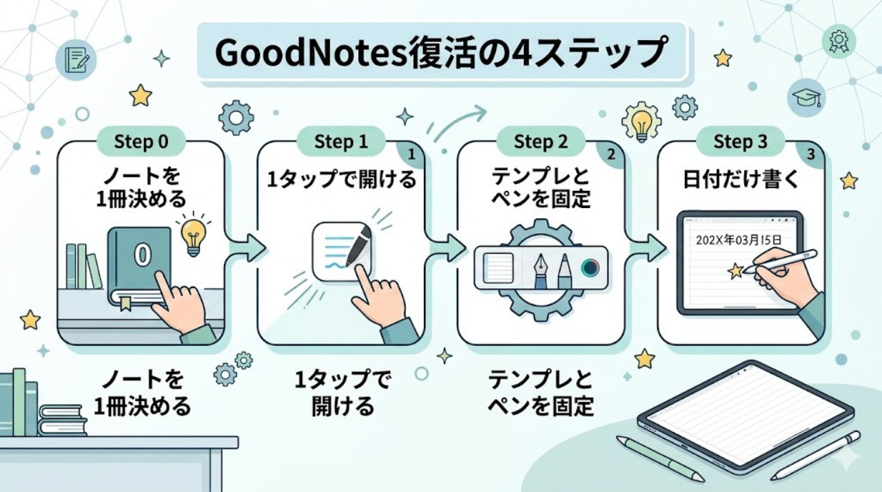 GoodNotesを習慣化する4ステップの図解