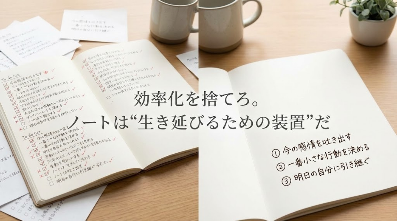 タスク管理で埋まったノートと、3行だけの生存確認ノートを対比した思想的アイキャッチ画像