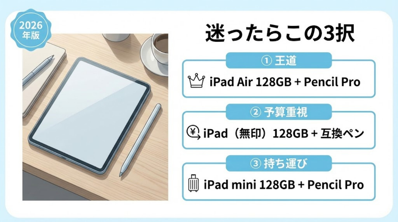 2026年版 iPad勉強スターターセットのおすすめ3択を示したインフォグラフィック