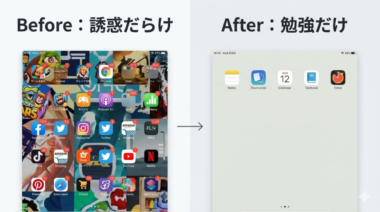 集中モード設定前後のホーム画面の違いを示した比較図