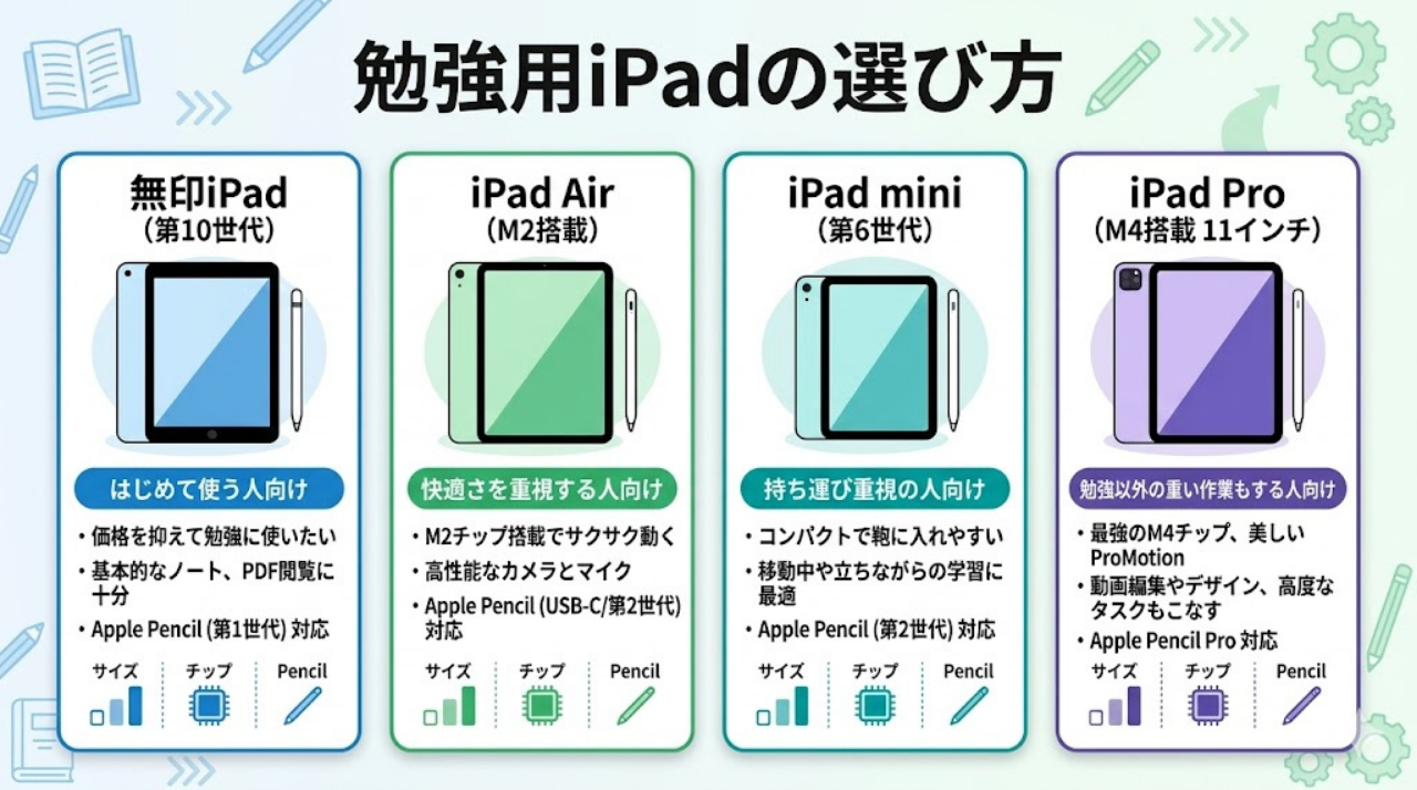 勉強用iPadの選び方を整理した図。無印iPad、iPad Air、iPad mini、iPad Proの特徴と向いている人を比較している