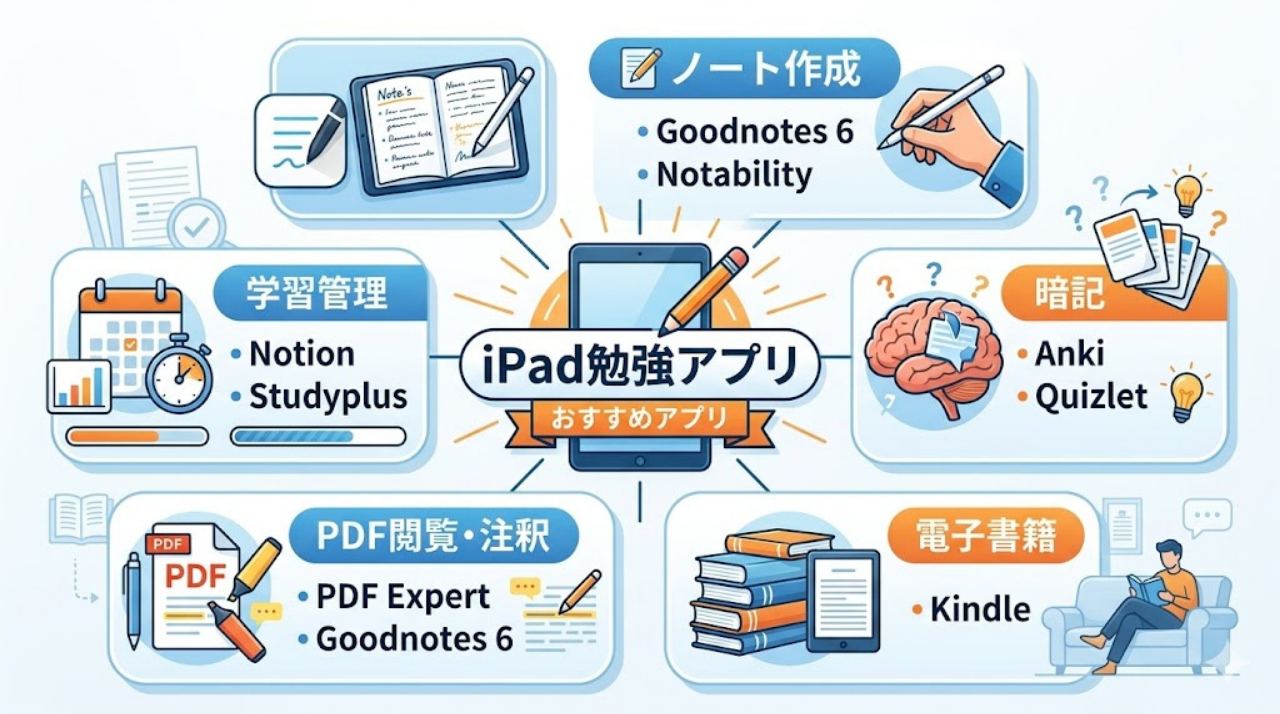 iPad勉強におすすめのアプリを用途別に整理した図。ノート作成、暗記、電子書籍、PDF閲覧、学習管理に分けて紹介している