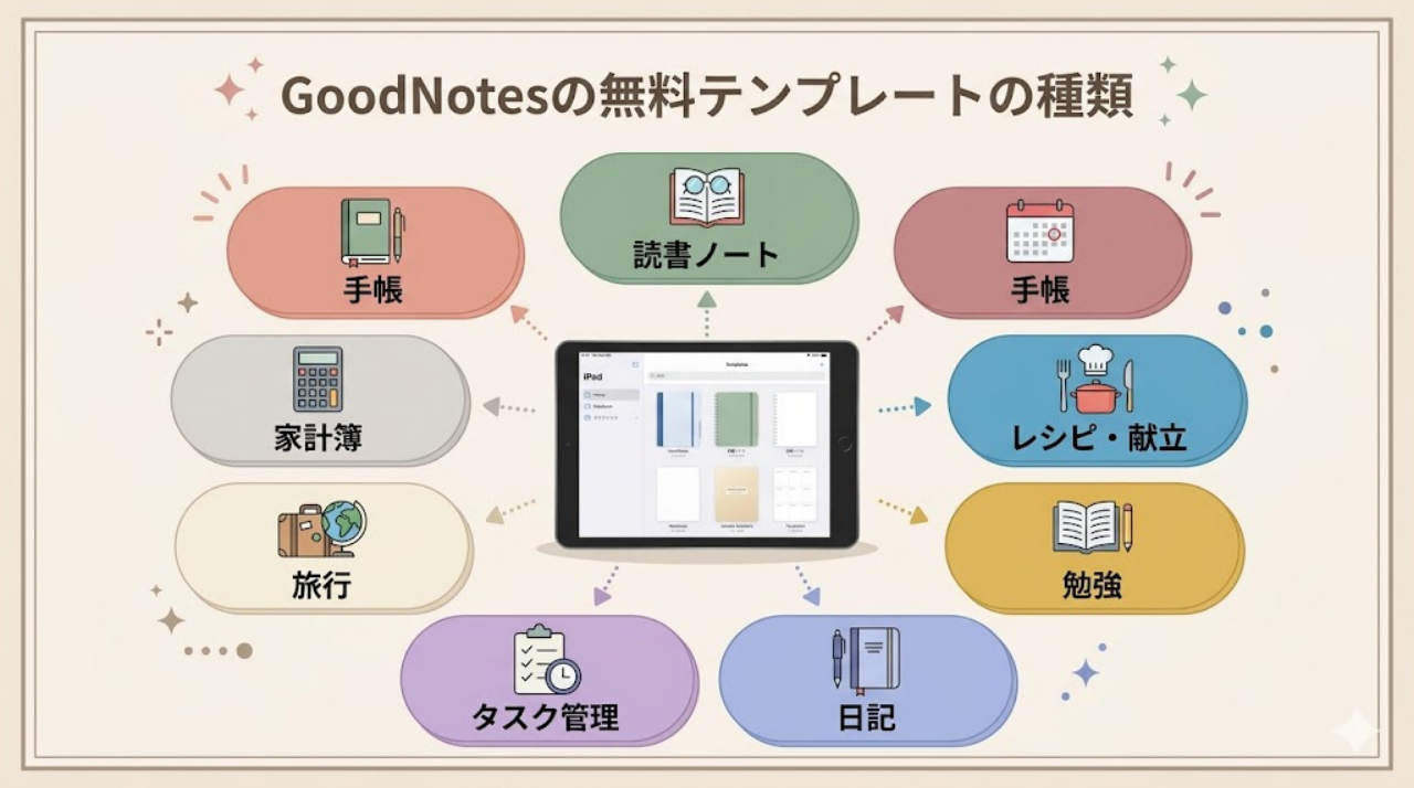 GoodNotesの無料テンプレートを手帳、家計簿、勉強、日記、旅行など用途別に整理した図