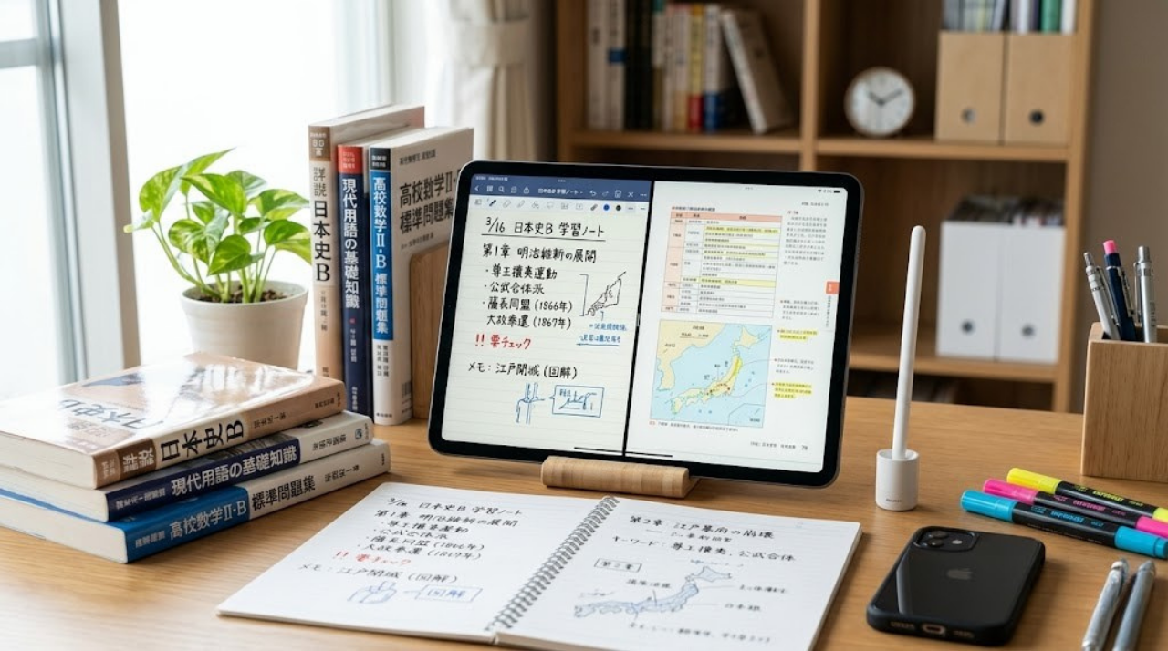 iPadを使って勉強するイメージ。ノート術やPDF活用、学習アプリを組み合わせた勉強法のイメージ画像