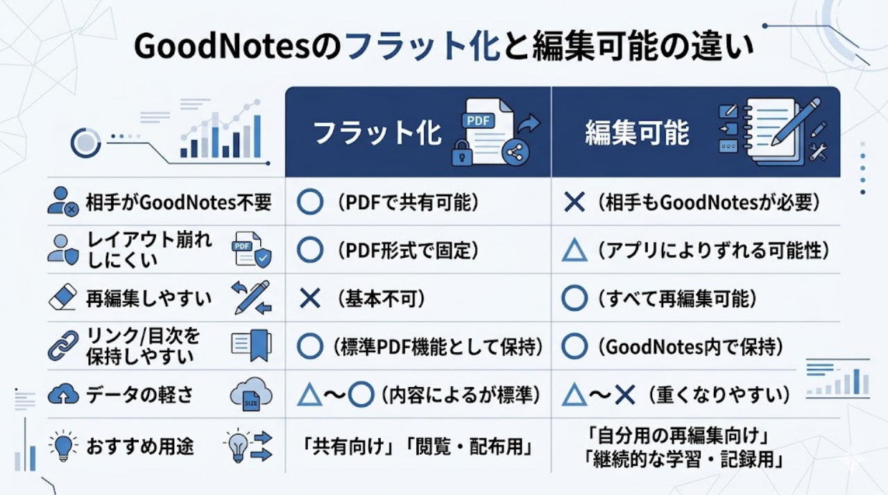 GoodNotesのフラット化と編集可能の違いを比較した図表