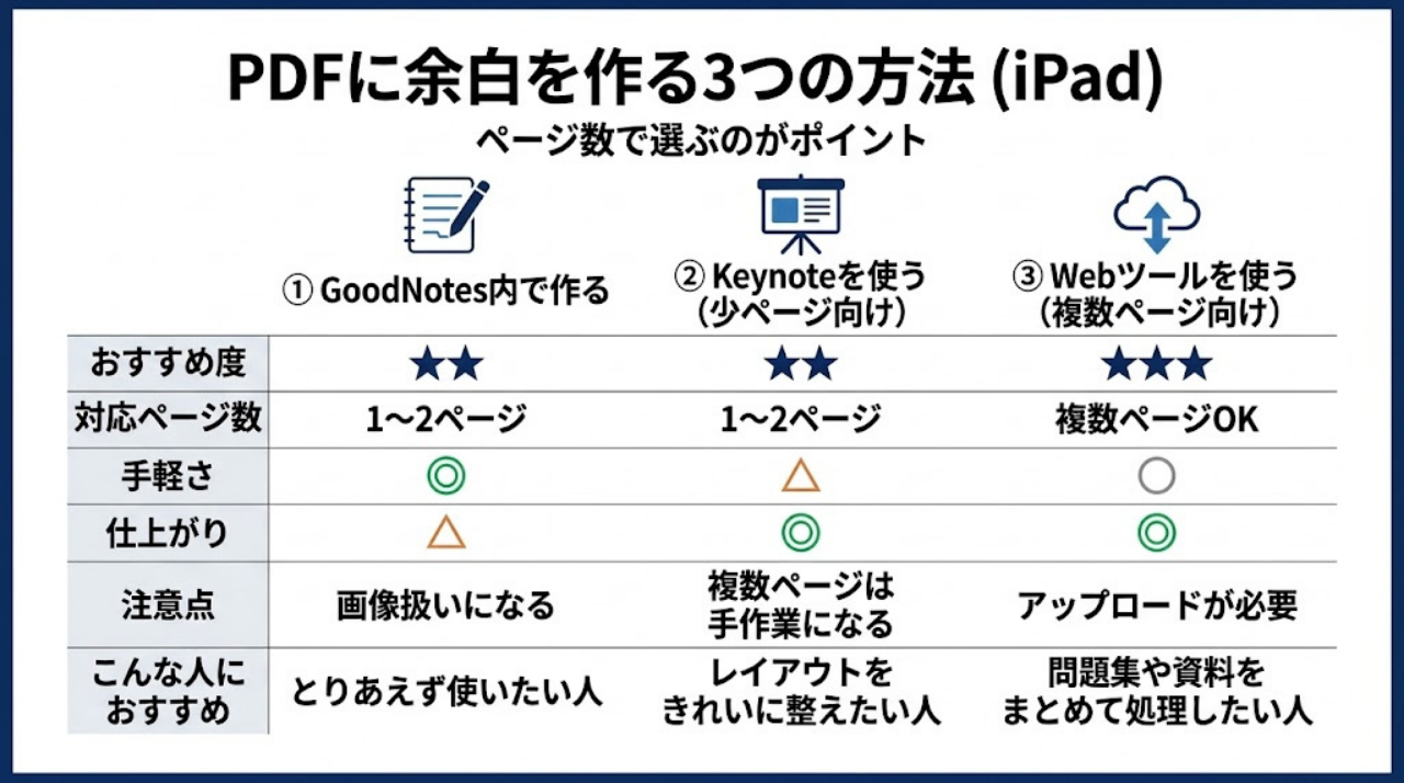 GoodNotesでPDFに余白を作る3つの方法をページ数別に比較した図