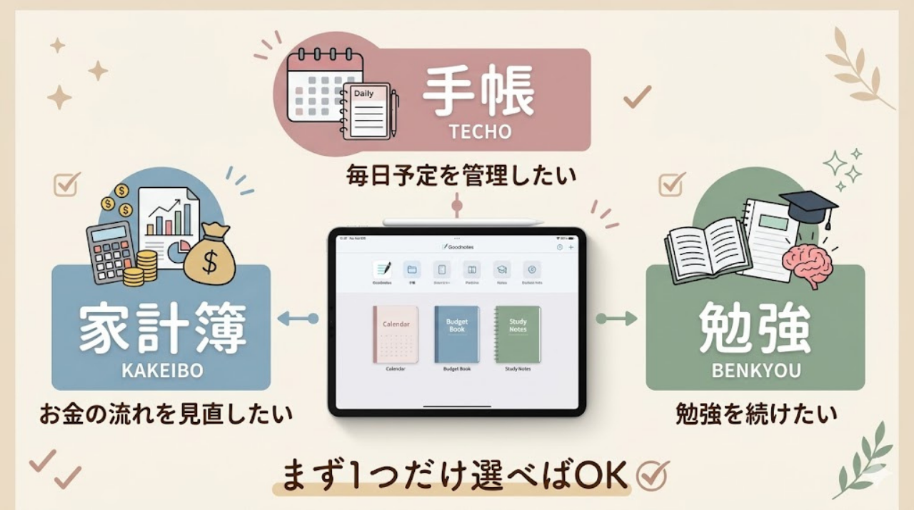 GoodNotes初心者が最初に選ぶべきテンプレートの始め方をまとめた図