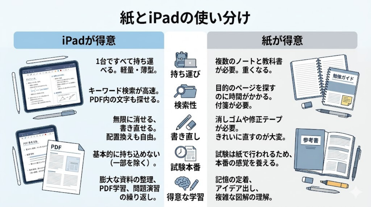 紙の勉強とiPad勉強の違いを比較したインフォグラフィック。持ち運び、検索性、書き直しや試験対策の違いを整理した図