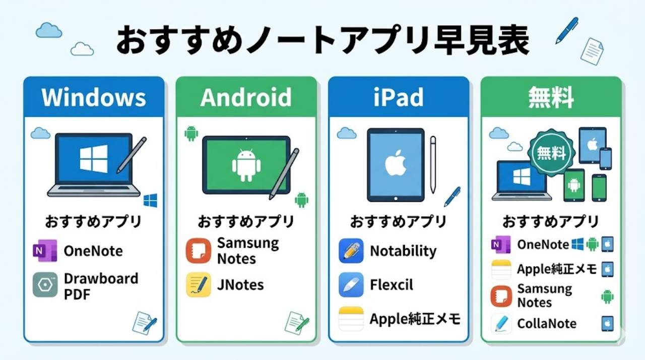Windows、Android、iPad、無料の4軸でGoodNotes代替アプリを整理した図