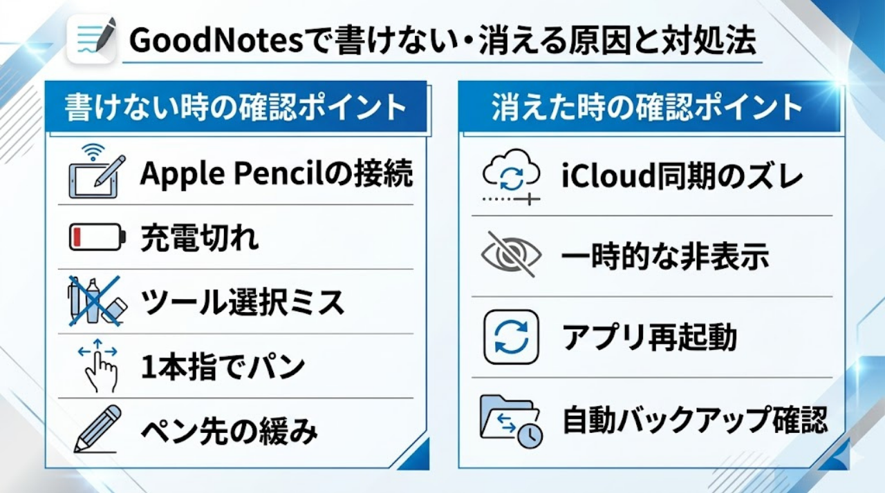 GoodNotesで書けない時と消える時の主な原因と対処法をまとめた図