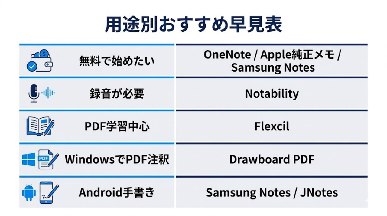 無料、録音、PDF学習、Windows注釈、Android手書きの用途別におすすめアプリを整理した早見表