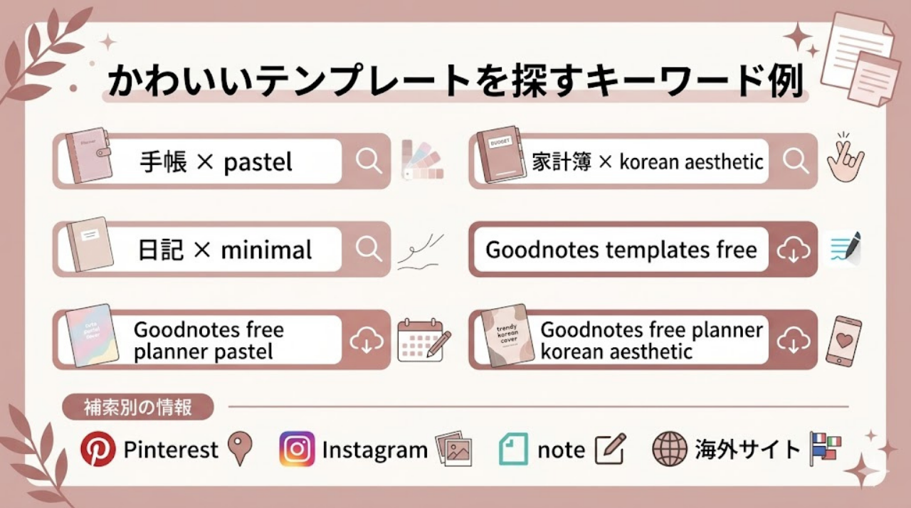 GoodNotesのかわいいテンプレートを探すための検索キーワード例をまとめた図