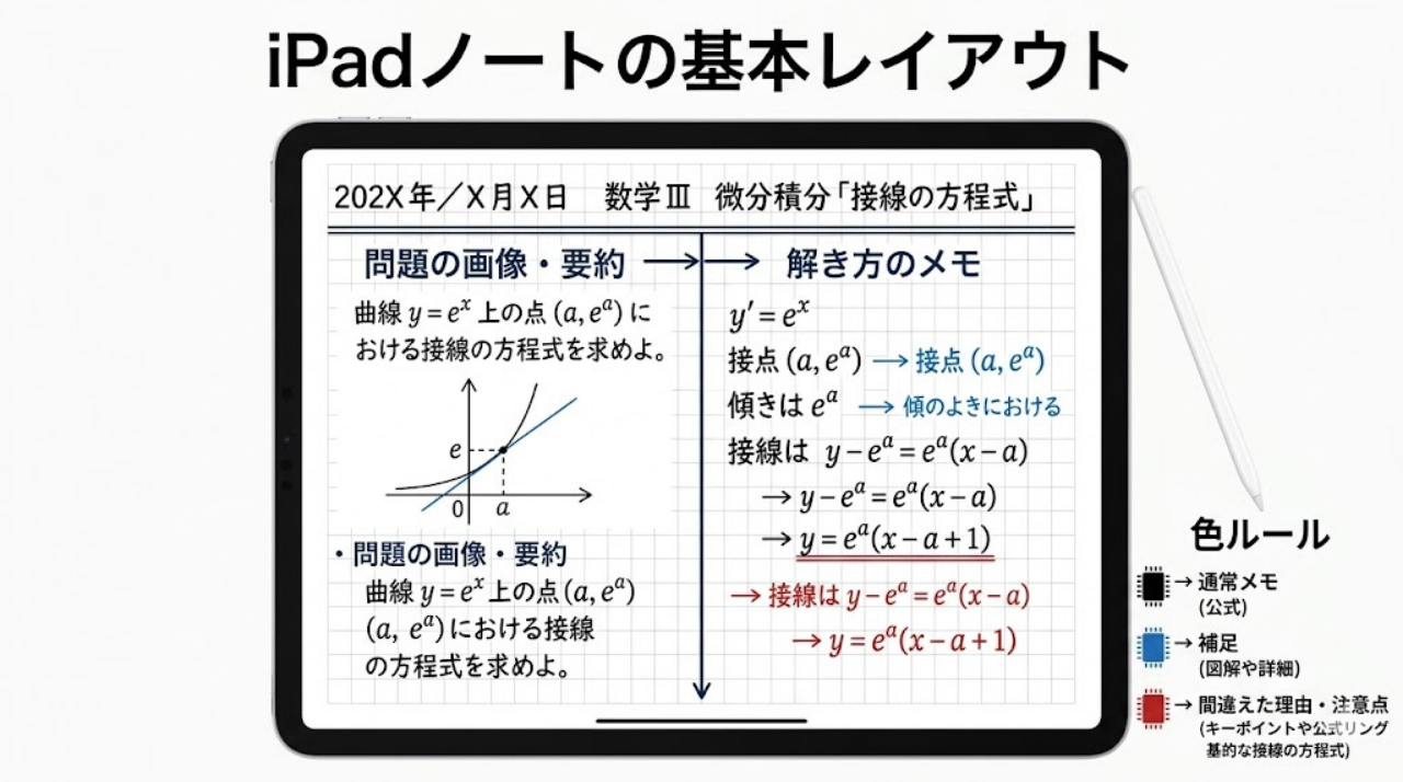 iPadノートの基本レイアウト例。日付と単元名、左側の問題や要約、右側の解き方メモ、色分けルールを示した図