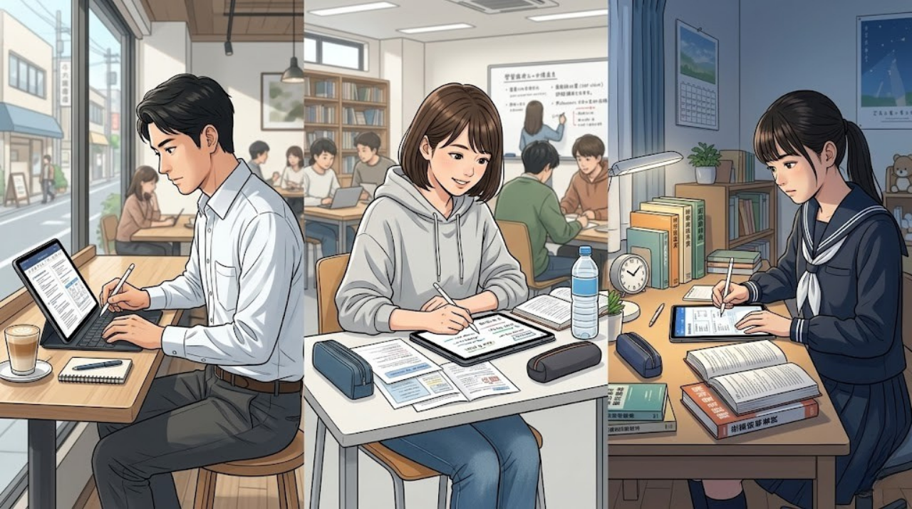 社会人、大学生、高校生がそれぞれiPadを使って勉強しているイメージ画像。資格勉強、講義ノート、受験対策の活用シーンを表している