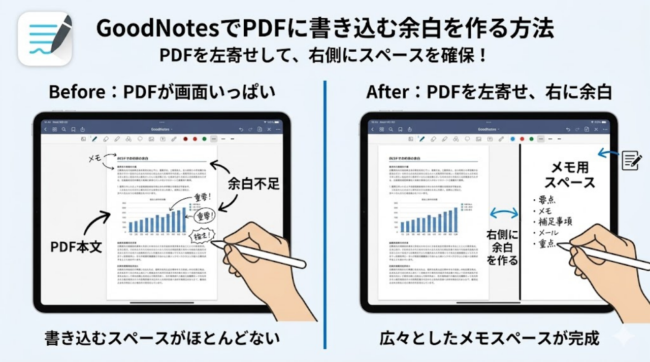 GoodNotesでPDFに書き込むための余白を作る方法を示したビフォーアフター図