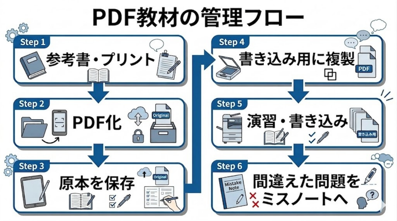 iPad勉強でPDF教材を管理する流れを示した図。参考書やプリントをPDF化し、原本保存、書き込み用コピー、演習、ミスノート化までの流れを整理している