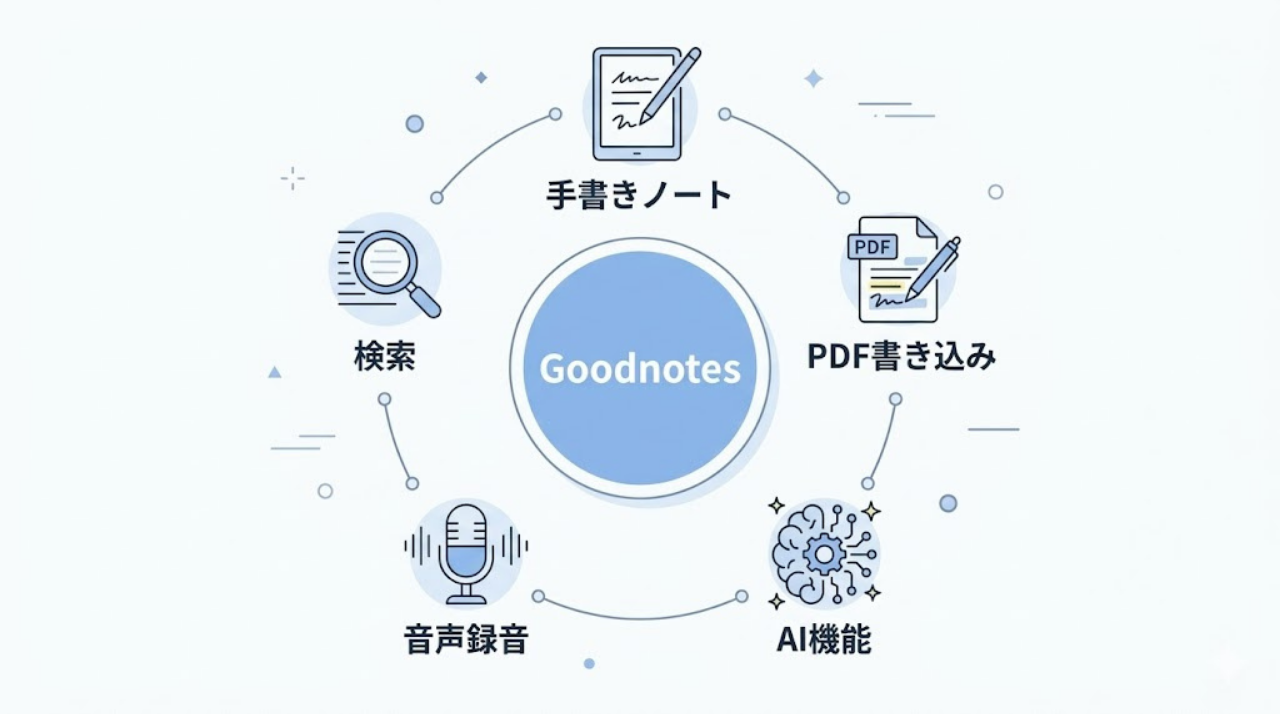 Goodnotesの概要 手書きノート・PDF書き込み・検索などの機能図