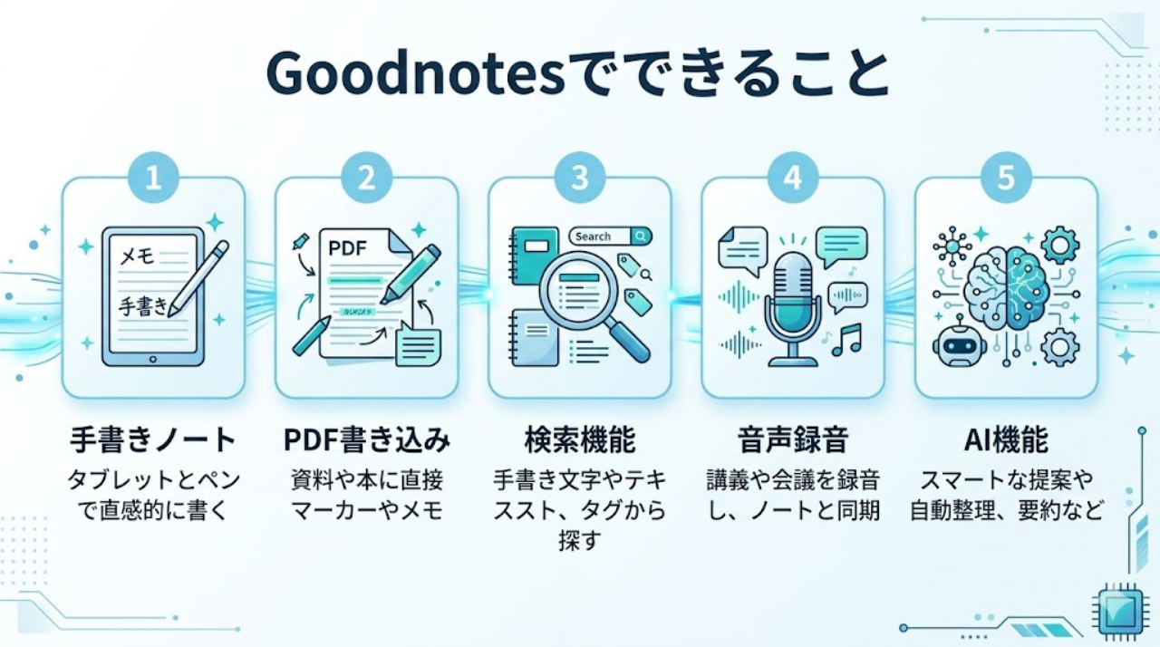 Goodnotesでできること 手書きノート PDF書き込み 検索 録音 AI機能