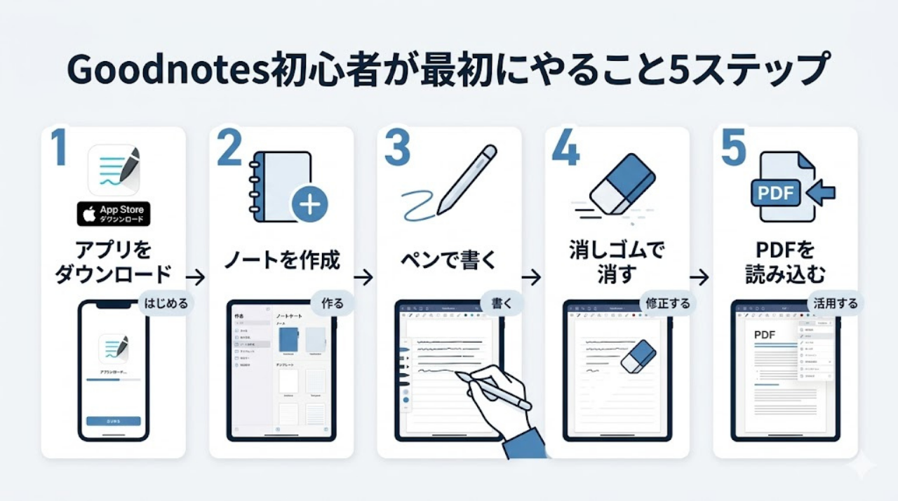 Goodnotes初心者が最初にやること5ステップをまとめたインフォグラフィック