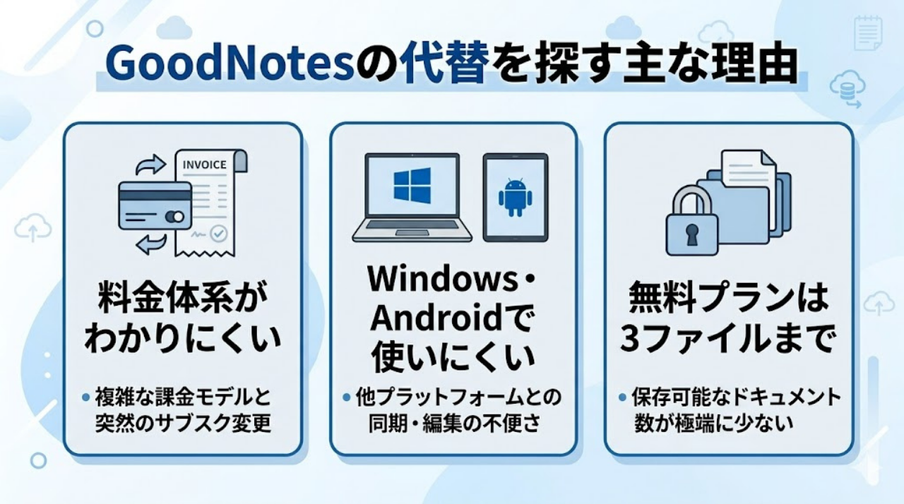 GoodNotesの代替を探す理由を料金体系、マルチデバイス対応、無料プラン制限の3点でまとめた図