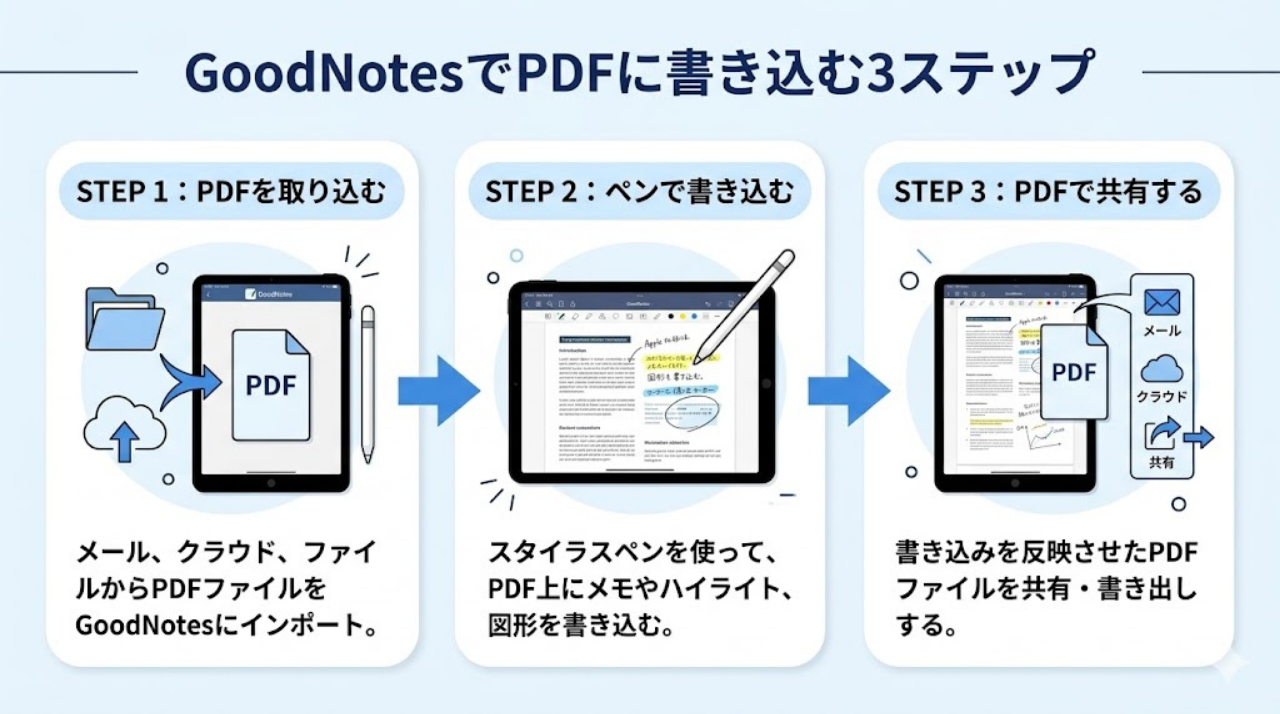 GoodNotesでPDFに書き込む3ステップの流れ図