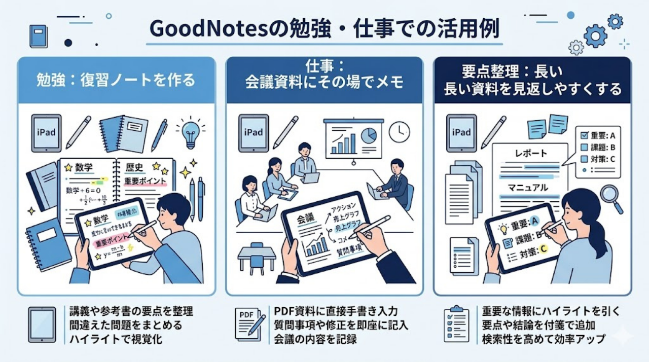 GoodNotesを勉強と仕事で活用する例をまとめた図解