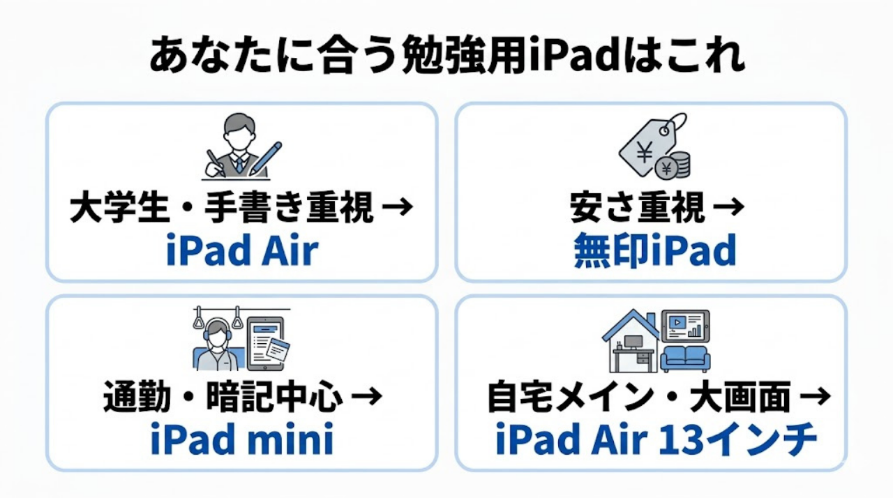 勉強用iPadの選び方を4パターンで整理した診断図。大学生はiPad Air、安さ重視は無印iPad、通勤暗記はiPad mini、自宅メインは13インチAirを示している。