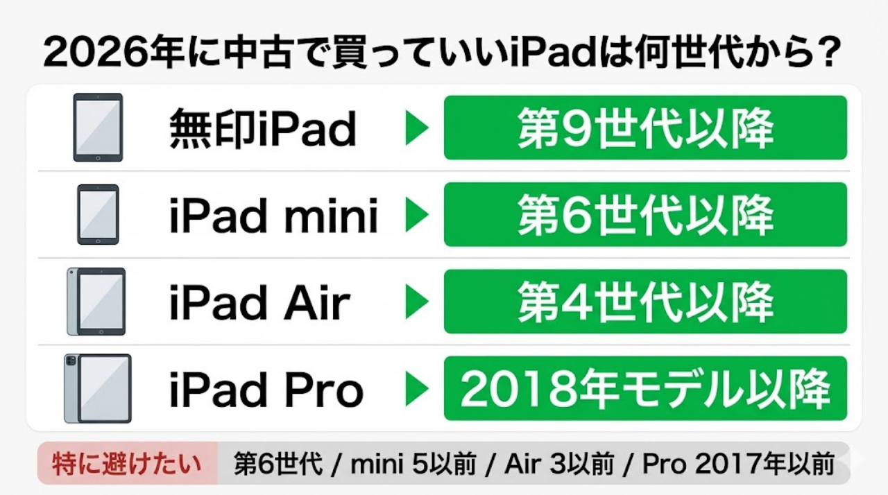 中古iPadで2026年に買っていい世代と避けるべき世代を一覧化した日本語図表。無印iPadは第9世代以降、miniは第6世代以降、Airは第4世代以降、Proは2018年モデル以降が推奨と示している
