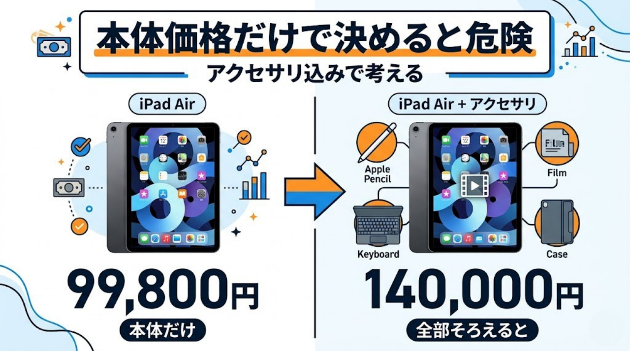 iPad本体価格と、Apple Pencilやキーボードを含めた総額の違いを示した図