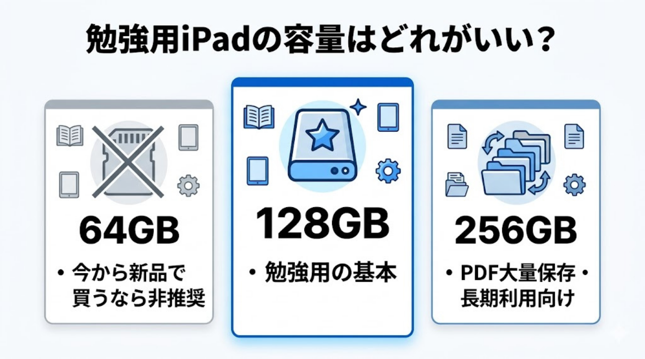 勉強用iPadの容量選びを比較した図。64GBは非推奨、128GBが基本、256GBは大量保存や長期利用向けであることを示している。