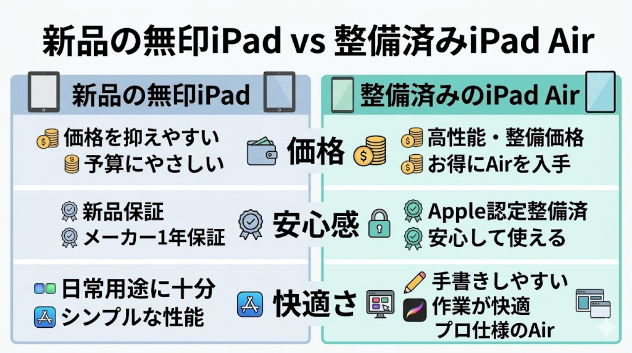 新品の無印iPadと整備済みのiPad Airを価格と安心感、快適さで比較した図