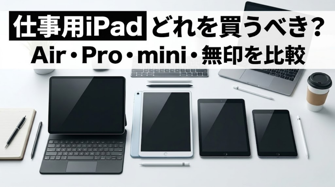 仕事用iPadの選び方を比較するアイキャッチ画像。Air・Pro・mini・無印をイメージした4種類のタブレットと仕事道具が並んでいる。