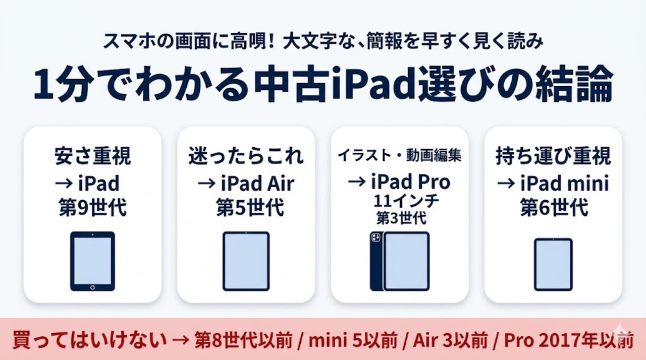 中古iPad選びの結論を1分で確認できる日本語インフォグラフィック。安さ重視は第9世代、迷ったらAir第5世代、持ち運び重視はmini第6世代、イラストや動画編集はPro