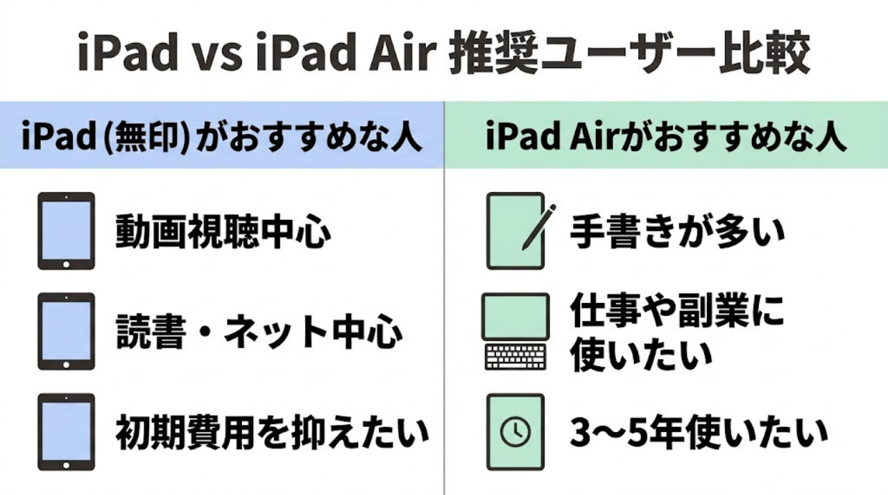 iPadとiPad Airのどちらが向いているかを2択でまとめた比較図