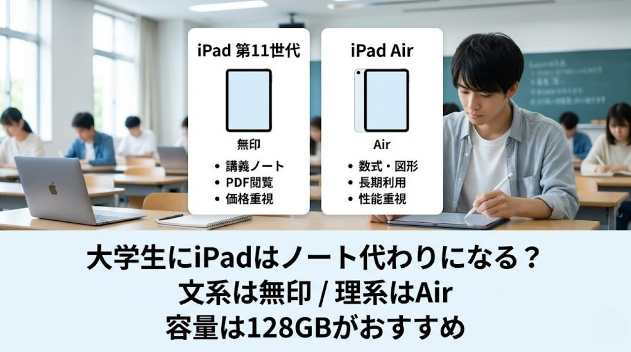 大学生がiPadをノート代わりに使うイメージと、おすすめ機種を比較したアイキャッチ画像