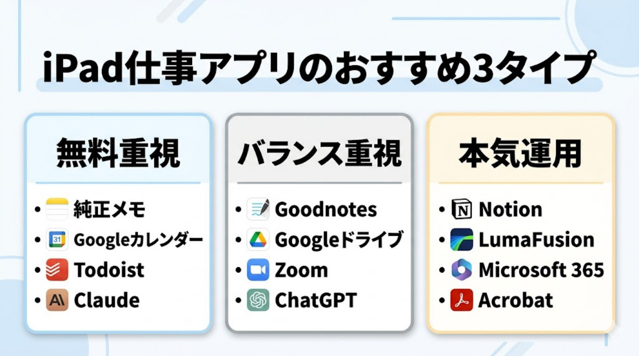 iPad仕事アプリのおすすめ構成を無料重視、バランス重視、本気運用の3タイプに分けた図