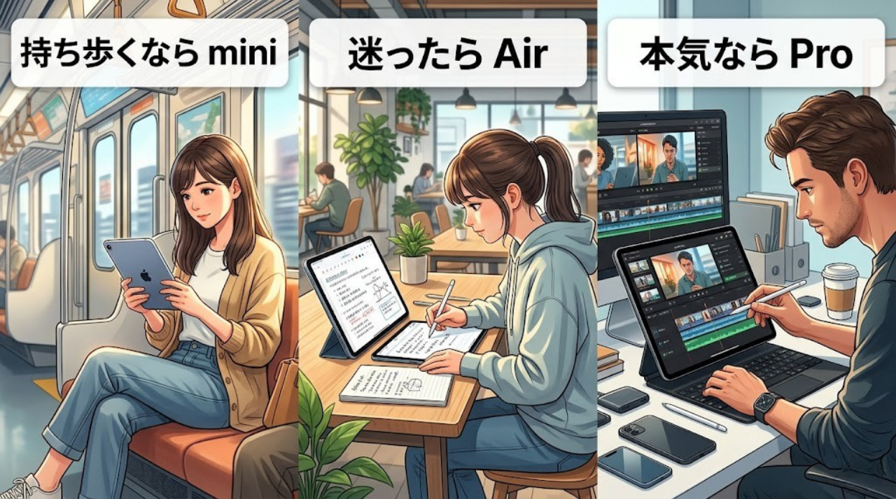 iPad mini、iPad Air、iPad Proをそれぞれどんな人が使うべきかを示したイメージ