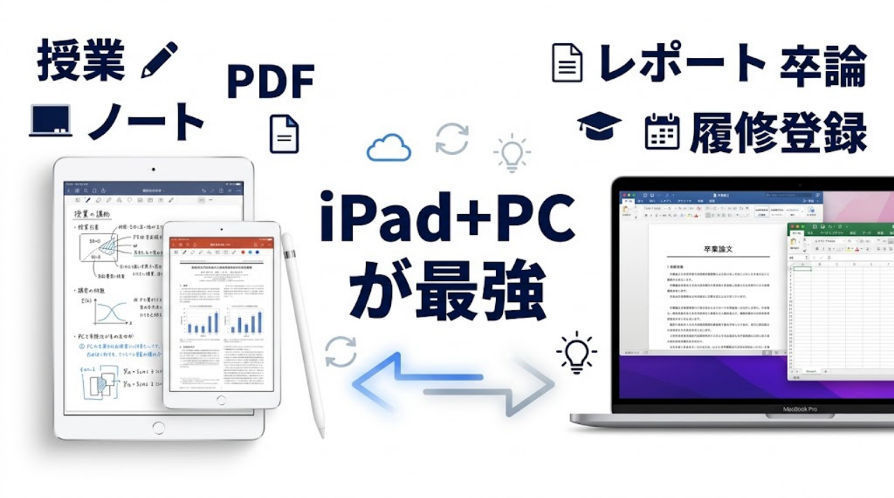 大学生活ではiPadとPCを役割分担して使うのが最適であることを示す図