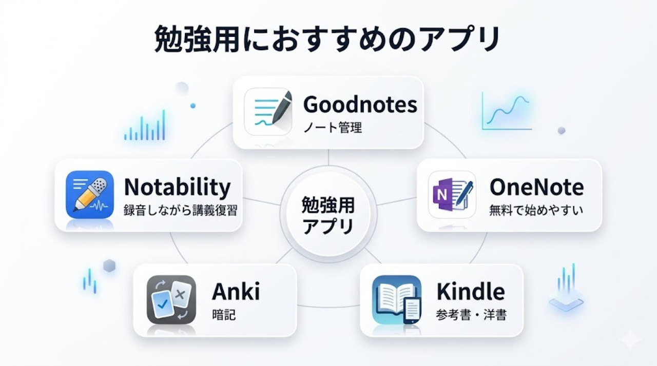 勉強用iPadにおすすめのアプリを整理した図。Goodnotesはノート管理、Notabilityは録音復習、Ankiは暗記、Kindleは参考書、OneNoteは無料利用向けと示している。