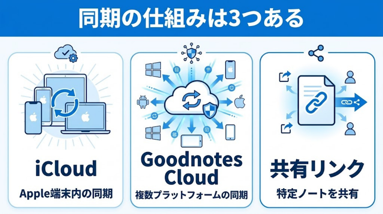 GoodNotesのiCloud、Goodnotes Cloud、共有リンクの違いを整理した同期の仕組み図